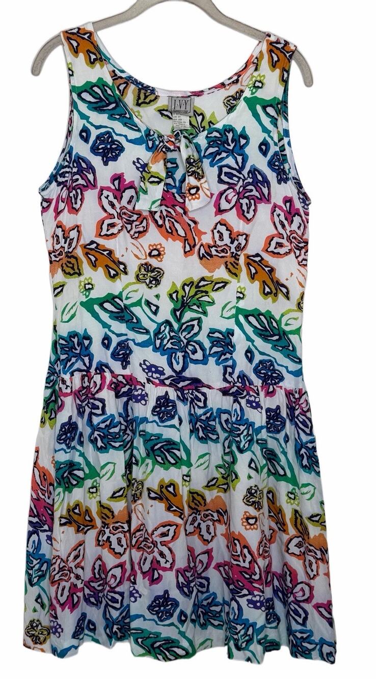 Ivy Women’s Vintage 90’s White Floral Neon Sleeveless A Line Dress Size M